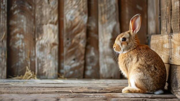 A brown rabbit sits on a wooden floor, looking to the left, with its long ears perked up. The rabbit is in a wooden barn with a rustic and natural background. photo