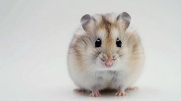 A close-up of a white and brown hamster sitting on a white background. The hamster is looking directly at the camera with its big, dark eyes. photo