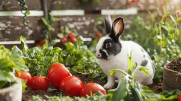 A black and white rabbit sits in a garden filled with green leafy plants and red tomatoes. photo