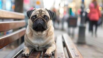 A close-up shot of a pug dog sitting on a wooden bench in a city setting. The dog is looking directly at the camera, with a slightly sad expression. photo