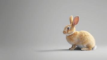 A brown rabbit with white patches sits on a grey background, looking to the left. The rabbit is in focus, and the background is blurred. photo