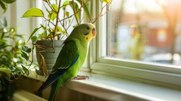 A green budgie perches on a window sill, looking out at the sunny day. The bird is perched on the sill, with its tail feathers trailing behind it. photo