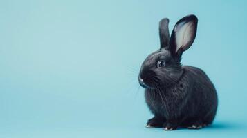 A black rabbit sits on a blue background, looking to the side. photo