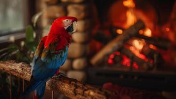 A scarlet macaw parrot perches on a branch near a fireplace, enjoying the warmth of the fire. photo