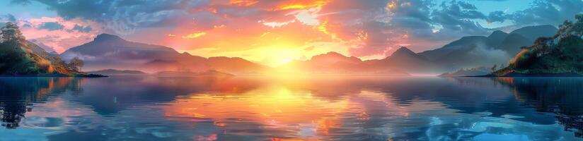 Tranquil Morning Sunrise Over Misty Lake And Mountains photo