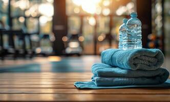Water Bottle and Rolled Towel on a Gym Floor photo