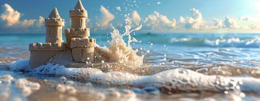 A Detailed Sandcastle Being Washed Away by Ocean Waves on a Sunny Day photo
