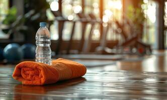 Water Bottle and Rolled Towel on a Gym Floor photo
