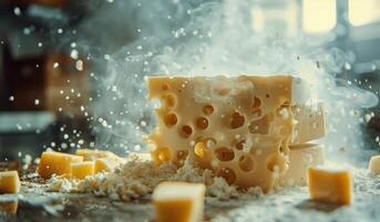 Stacked Swiss Cheese Explodes With Steam and Shards photo