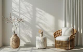 Wicker Rocking Chair in a Sunlit Room With Dried Flowers and a White Vase photo