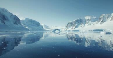 Ice Archway Reflecting in Frozen Lake Under Clear Blue Sky photo