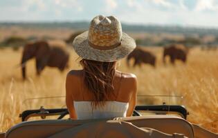 Woman In Straw Hat Observing Elephants From Safari Vehicle photo