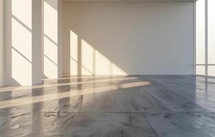 Sunlit Concrete Room With Large Window and Tile Floor photo