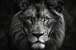 A Black And White Portrait of a Majestic Lion With a Full Mane photo