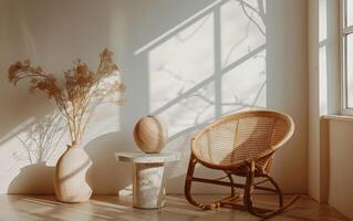 Wicker Rocking Chair in a Sunlit Room With Dried Flowers and a White Vase photo