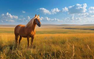 A Blonde Horse Grazing in a Field on a Sunny Day photo