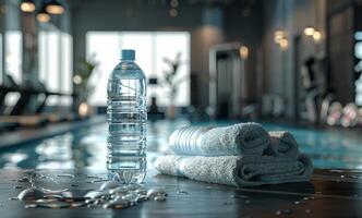Water Bottle and Towels Resting by Poolside in Fitness Center photo