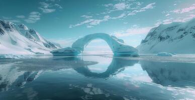 Ice Archway Reflecting in Frozen Lake Under Clear Blue Sky photo