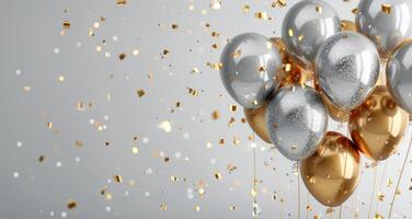 Gold And Silver Balloons Against White Background photo