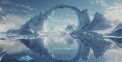 Ice Archway Reflecting in Frozen Lake Under Clear Blue Sky photo