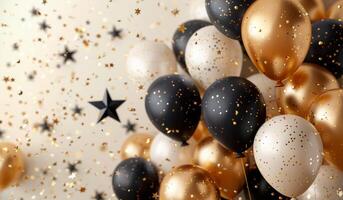 Black, Gold, and Silver Balloons With Confetti Stars on White Background photo