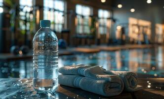 Water Bottle and Towels Resting by Poolside in Fitness Center photo