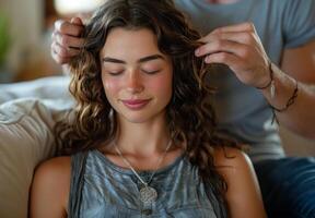 Woman With Curly Hair Receiving a Gentle Hair Massage From a Man in a Living Room photo