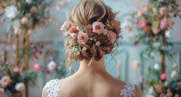 Bride With Floral Crown and Bouquet on Wedding Day photo