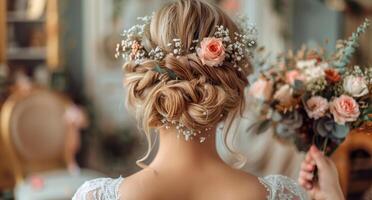 Bride With Floral Crown and Bouquet on Wedding Day photo