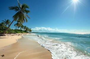Tranquil Palm Tree On Sandy Beach With Turquoise Water And Bright Sunshine photo