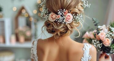 Bride With Floral Crown and Bouquet on Wedding Day photo