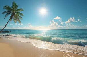 Tranquil Palm Tree On Sandy Beach With Turquoise Water And Bright Sunshine photo