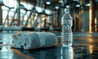 Water Bottle and Towels Resting by Poolside in Fitness Center photo