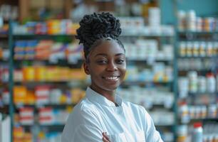 Smiling Pharmacist in Pharmacy Setting With Shelves of Medicine photo