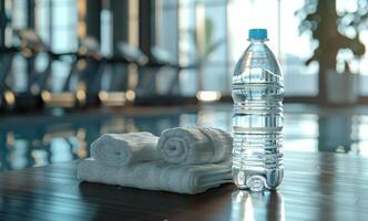 Water Bottle and Towels Resting by Poolside in Fitness Center photo