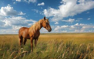 A Blonde Horse Grazing in a Field on a Sunny Day photo