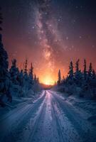 Nevado bosque la carretera a puesta de sol con lechoso camino visible foto