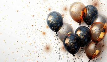Black, Gold, and Silver Balloons With Confetti Stars on White Background photo