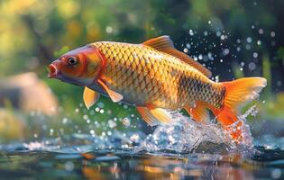 Golden Carp Leaping From Water On Sunny Day photo