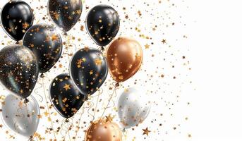 Black, Gold, and Silver Balloons With Confetti Stars on White Background photo