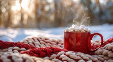 A Red Mug of Hot Chocolate With Marshmallows on a Snowy Winter Day photo
