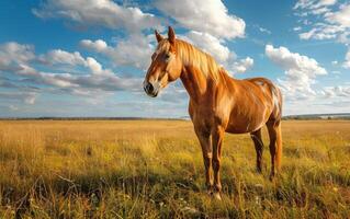 A Blonde Horse Grazing in a Field on a Sunny Day photo