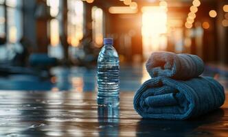 Water Bottle and Rolled Towel on a Gym Floor photo