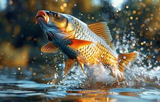 Golden Carp Leaping From Water On Sunny Day photo