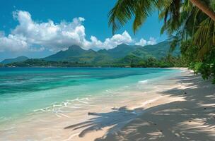 Tranquil Tropical Beach With Lush Mountains and Palm Trees photo