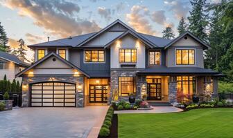 Modern Two-Story House With Stone Accents and Garage at Dusk photo