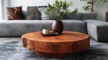 Modern Living Room With Rustic Wood Coffee Table And Greenery photo