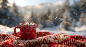 A Red Mug of Hot Chocolate With Marshmallows on a Snowy Winter Day photo