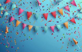 Colorful Party Flags and Confetti Falling on Blue Background photo