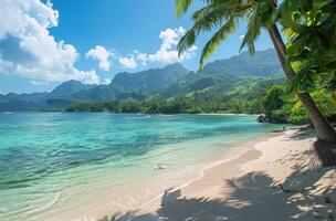 Tranquil Tropical Beach With Lush Mountains and Palm Trees photo